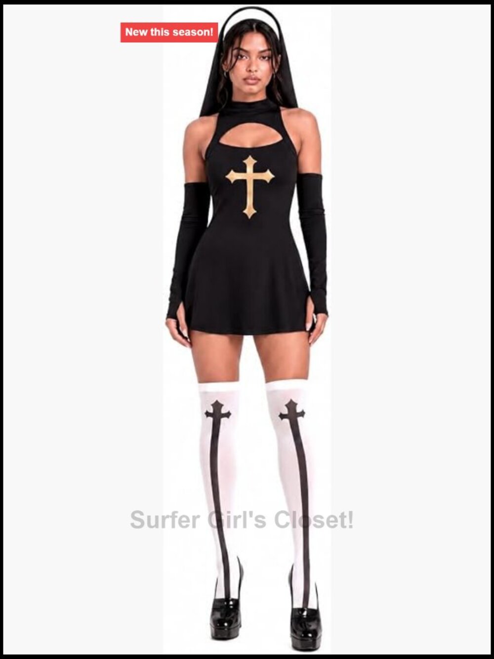 Women's Nun Halloween Costume Dress with Headpiece & Stockings, Sleeves